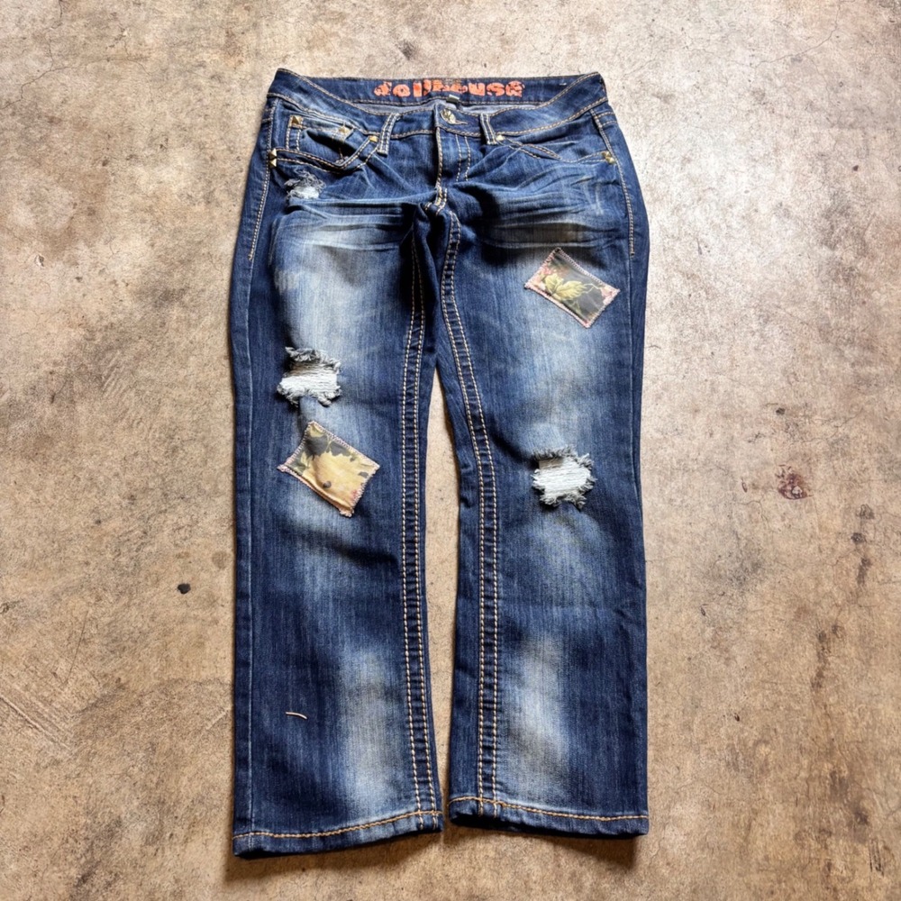 Dollhouse Distressed Patchwork Jeans Y2K Low Rise Flare Grunge Denim
